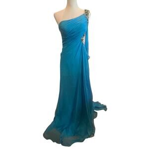 PRECIOUS FORMAL NWT BLUE JEWELED ONE SHOULDER GOWN WAIST JEWELED CUTOUT WOMENS 4